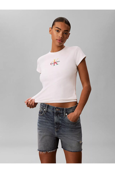 Calvin Klein Women's Slim Fit Round Neck Cotton Ck Logo Printed Short Sleeve ...