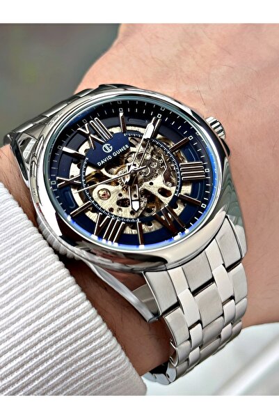 DAVID GUNER Automatic Mechanism Silver-Navy Blue Color Steel Cord Men's Wrist...