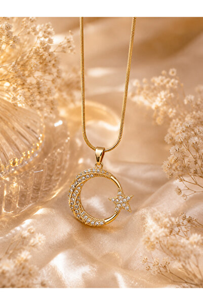Sylvera Shop Moon Star Elegance Steel Necklace (Gold Color)