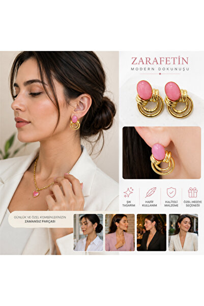 kasımoğulları concept Pink Stone Detailed Gold Color Geometric Hoop Earrings ...