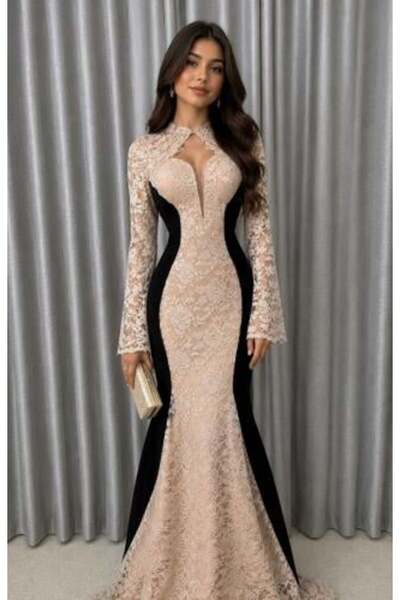 ALTOBAD Beige Lace Dress with Black Crepe Trim