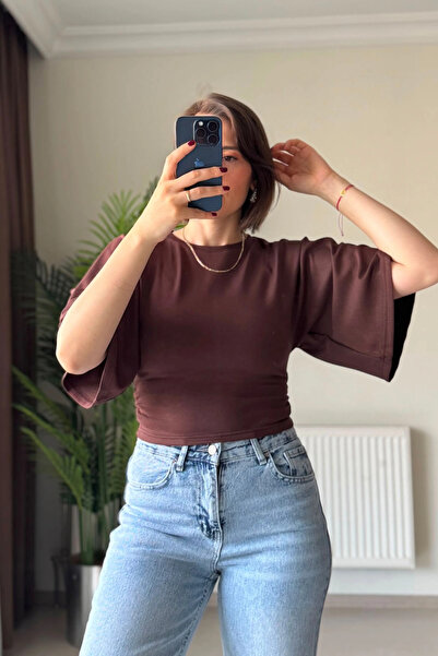 Kubos Moda Bat Sleeve Lycra Crew Neck Brown Blouse
