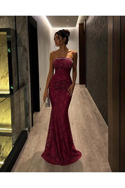 Modafeminen Bordo Dantelli İncili Abiye Elbise 583401