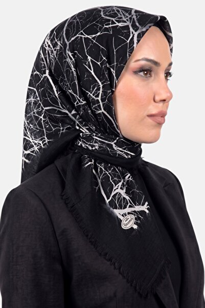 hadiora وشاح نسائي مزخرف بنمط فرع شجرة باللونين الأسود والأبيض