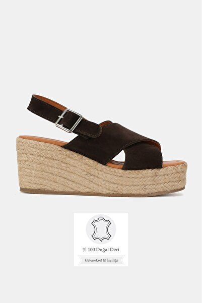 TUNAELLİ Women's Brown Suede Genuine Leather Size 36-41 Wedge Heel Daily Espa...
