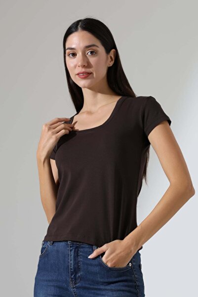 ModaPlaza Women's Short Sleeve Lycra Square Collar Basic Badi 21069