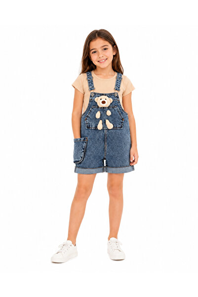 onymino Girl's Teddy Bear Detailed Denim Salopet Shorts