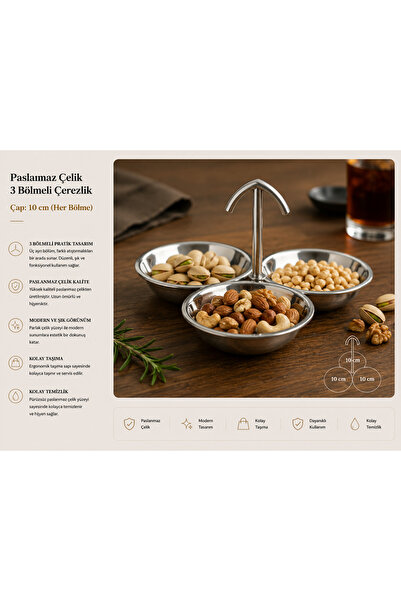 PALU GASTRO 3 Bölmeli Paslanmaz Çelik Çerezlik Kuruyemişlik Sunumluk