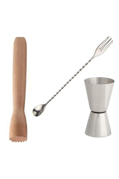 adin tasarım Jigger 1.5/3 Cl Wooden Mojito Muddler with Fork Bar Spoon Cockta...