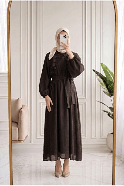 MİHRA STORE Teresa Ruffled Front Balloon Sleeve Voile Dress-Ek639 Brown