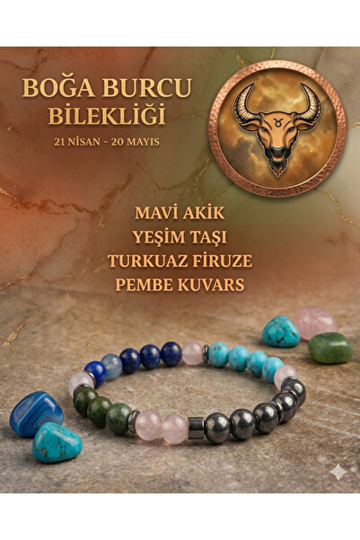 astro stone Boğa Burcu Bilekliği -Sertifikalı - Mavi Akik, Yeşim Taşı, Turkua...