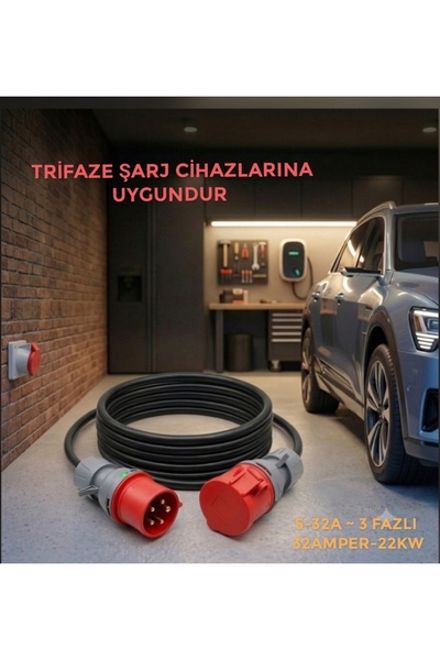 ARAÇ ŞARJI UYUMLU 5X4MM 25 METRE (TTR HES KABLOLU YÜZDE YÜZ TAM BAKIR) TRİFAZE UZATMA SEYYAR ( MUTLUSAN FİŞLİ - 32AMPER / 22 KW)