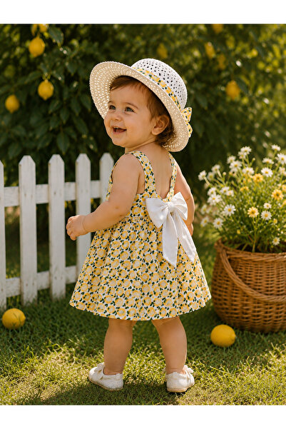 COOLMINIES Baby girl summer dress with straw hat and patterned design