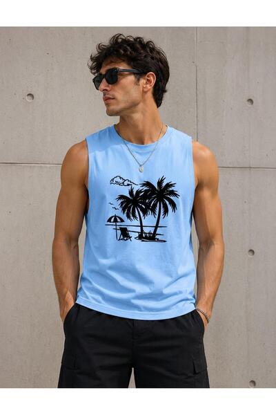 caddekombin Men's Summer Themed Palm Tree and Sea Printed Zero Sleeve Round N...