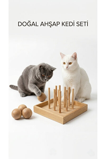 9CAN Doğal Ahşap Kedi Aktivite Oyun Seti İnteraktif Kedi Isırma Oyuncağı ve A...