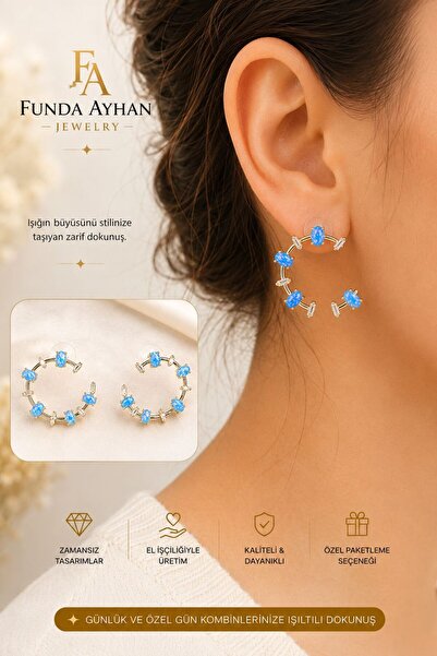 FTA TİCARET Funda Ayhan Blue Opal Stone Gold Color Open Ring Women's Earrings...