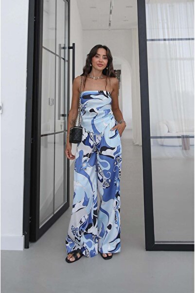Havoş Blue Abstract Patterned Strapless Blouse Trousers Set