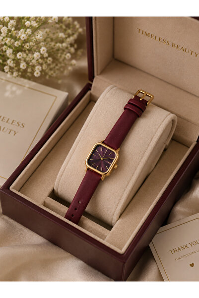 ABAGROUP Women's Retro Minimalist Square Case Burgundy Leather Strap Wristwatch
