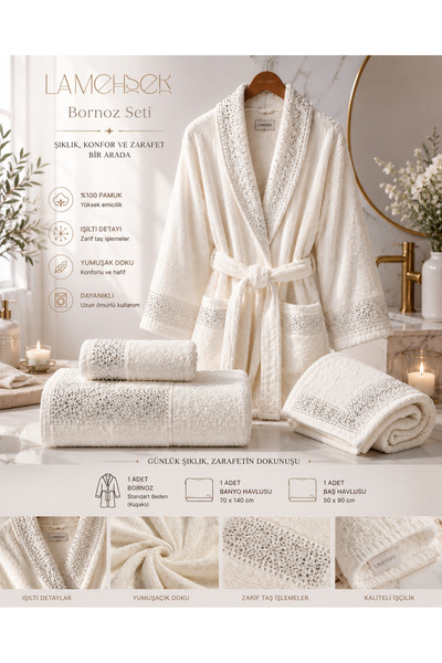 LA MEHSER Stone Embroidered 100% Cotton 3-Piece Dowry Bathrobe Set
