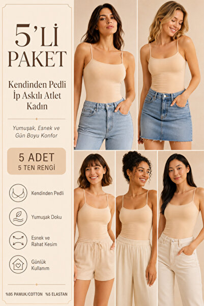 Loule Kadın %95 Pamuk İp Askılı Pedli 5 Adet Basic Atlet - Esnek & Rahat 5'li...