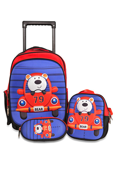 KTMC 3D Cartoon Cars Tripple Backpack Set, Pen Bag, Lunch Bag, School Trolley...