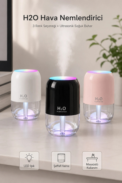 Tilbe Home H2O Model Şeffaf Hazneli Ultrasonik Hava Nemlendirici 200 ml LED Işıklı USB Masaüstü Buhar Makinesi
