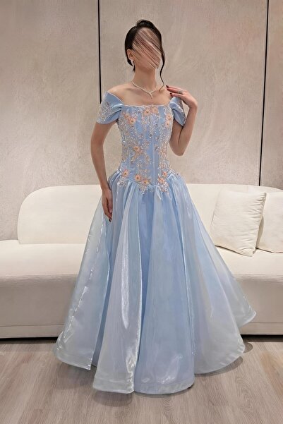 Bamah Luxury Sky Blue Evening Dress Elegant