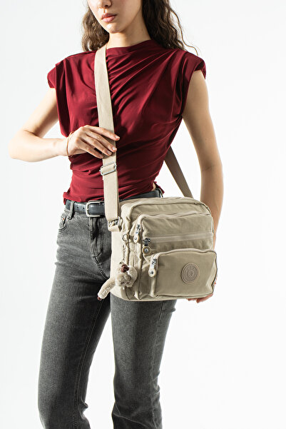 DUOMİNO Klinkır Multi-Pocket Water-Resistant Beige Crinkle Shoulder Bag / Sho...