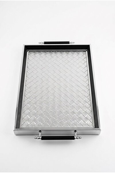 Sembol Black Silver - Silver Patterned Leather Tray 49X31 cm