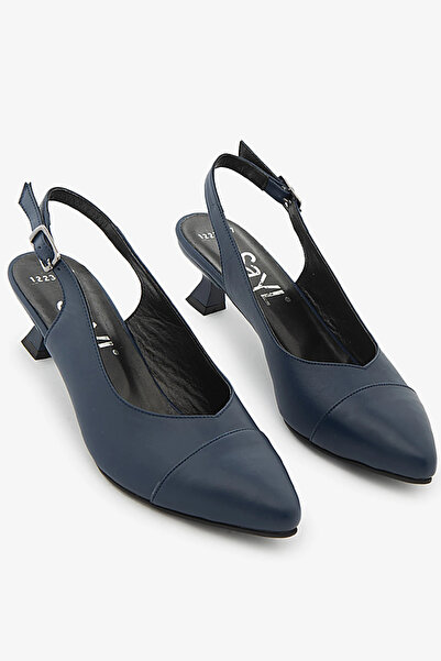 SAYL Navy Blue Genuine Leather Open Back Pointed Toe Short Heeled Women's Sti...