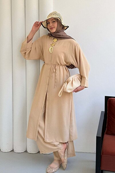 Modaensarbutik Boydan Düğmeli Tunik Pantolon Tesettür Takım-BEJ