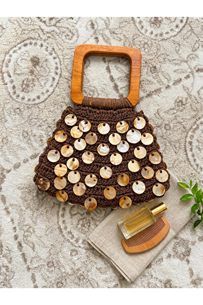 design bk Ahşap burslu mango kahverengi pullu çanta tasarım tek stok