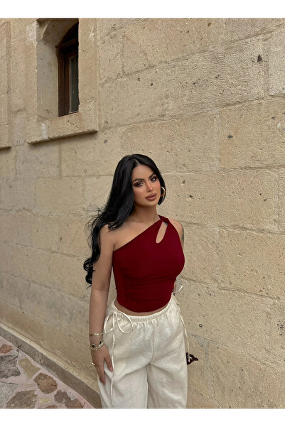 kırmızı butiks Burgundy Shoulder Twist Basic Crop