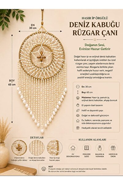 SultanofAura Hasır İp Örgülü Doğal Deniz Kabuğu Rüzgar Çanı - El Yapımı Boho ...