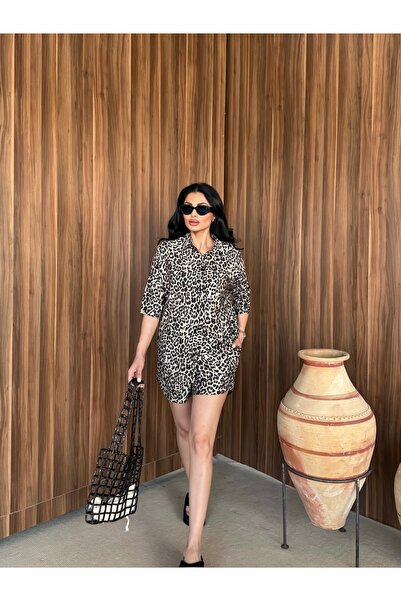 LB Laluna Butik Set cămașă și pantaloni scurți leopard pentru femei