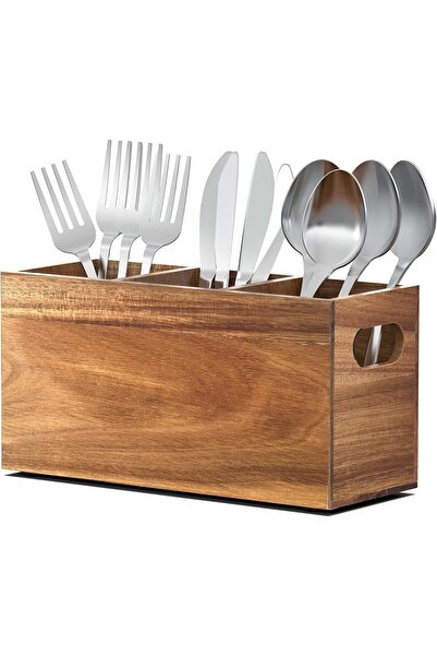Generic Acacia Wood Utensil Holder, 3 Compartments with Handles, Rustic Cutle...