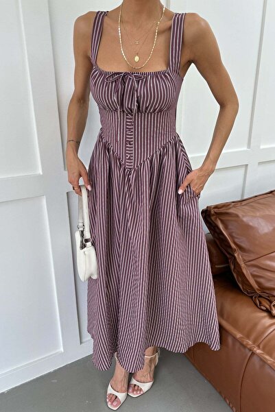 mylove Striped Gathered Chest Detailed Dress Burgundy