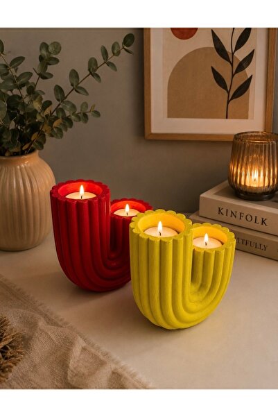 BUBUHOMEDECOR Modern Evler için Kaktüs Figürlü 2'li mumluk Sarı/Kırmızı