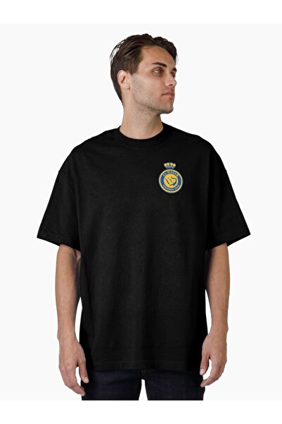 SAUDI Men’s Loose Oversized Black T-Shirt, Minimal Al Nassr FC Crest Logo Pri...