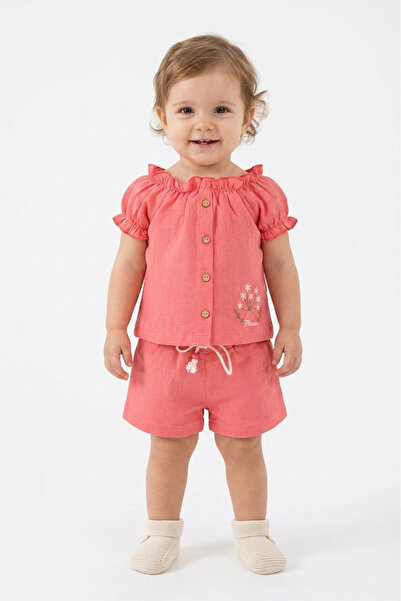 VEGAMOD Baby Girl Flower Embroidered Cord-Bound Muslin Shorts and Top Set 6-9...