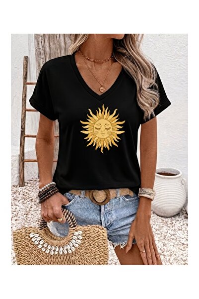 WOODROFFE Tricou de damă cu decolteu în V, cu imprimeu solar, oversize, lejer