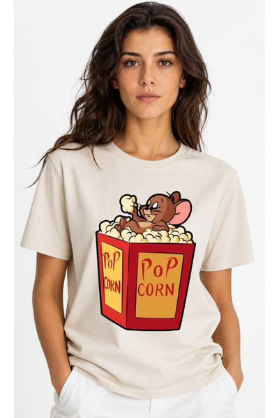 OPPPSSS Cute Mouse Who Loves Popcorn Printed Women's T-Shirt
