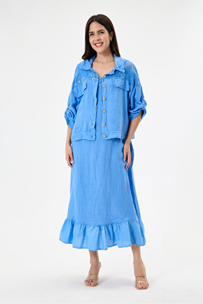 della moor Blue Italian 100% Linen Suit with Mesh on the Shoulder and Collar ...