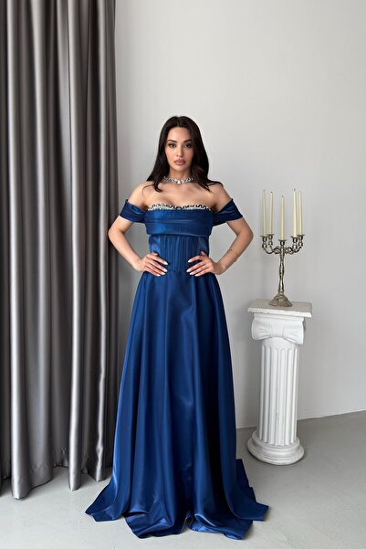 Serica Moda Navy Blue Low Sleeve Stone Embellished Underwire Long Evening Dress