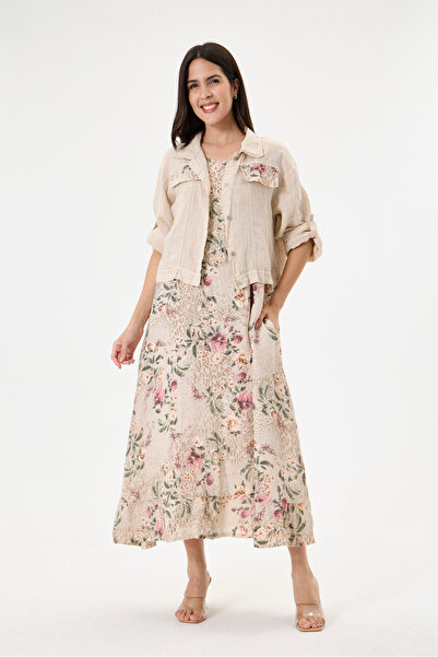 della moor Beige Italian 100% Linen Floral Patterned Double Breasted Linen Su...