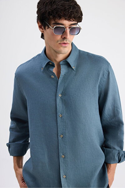 D'S Damat Ds Damat Comfort Petrol Flamlı Cotton-Linen Summer Shirt