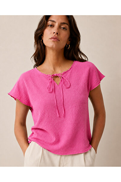 just wear zt Women's Slit Detailed Lace-Up Collar Comfortable Fit Blouse