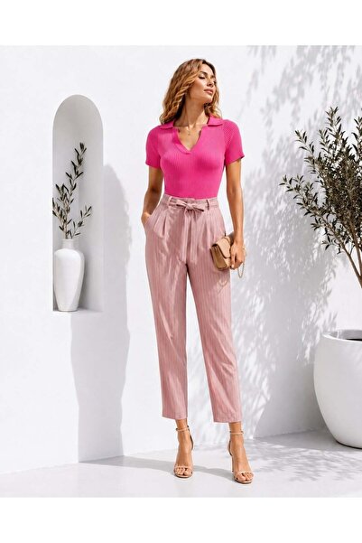 Modafeminen Fuchsia Polo Collar Ribbed Knitwear Tr0271