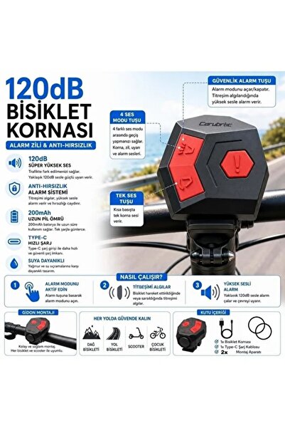 FORTİCO Elektrikli Bisiklet Korna Scooter120 dB USB Şarjlı Bisiklet Kornası Alarm Zili Anti Hırsızlık Elektrikli Korna Scooter