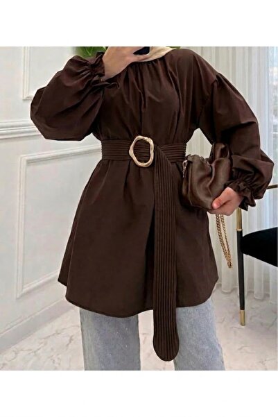 onlymoon Brown Cotton • Pleated Belt Detail Hijab Shirt Tunic • Oversized Com...